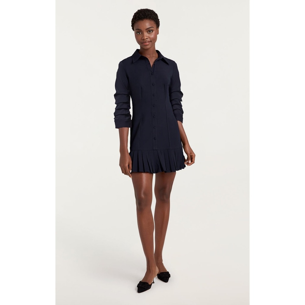 Cinq a Sept Lucilla Dress Navy Blue Pleated Ruffle Ruched Sleeve Mini NWT Size 8 - Picture 2 of 7